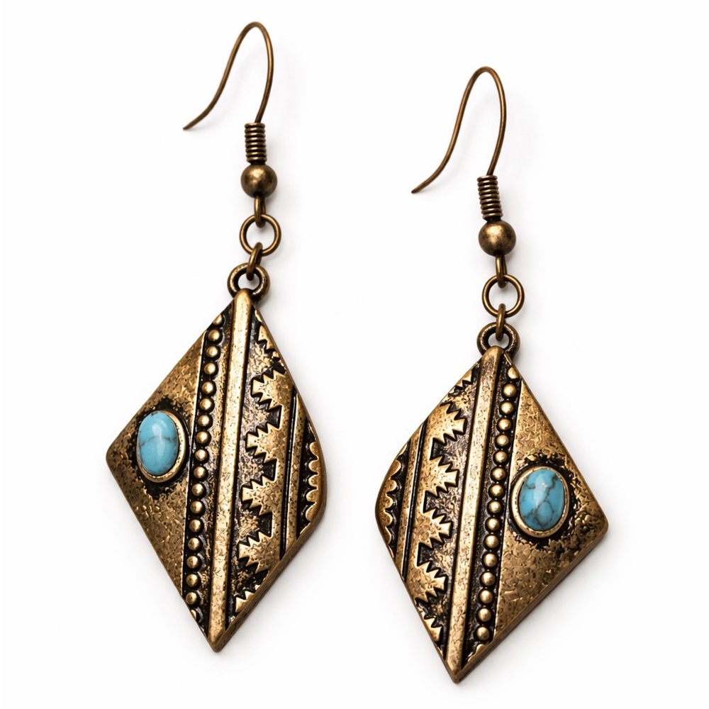 Boho Turquoise Diamond Dangle Earrings~ Lucky ✨